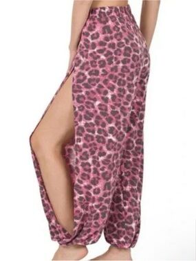 Zenana Pink Leopard Print Side-Slit Harem Pants